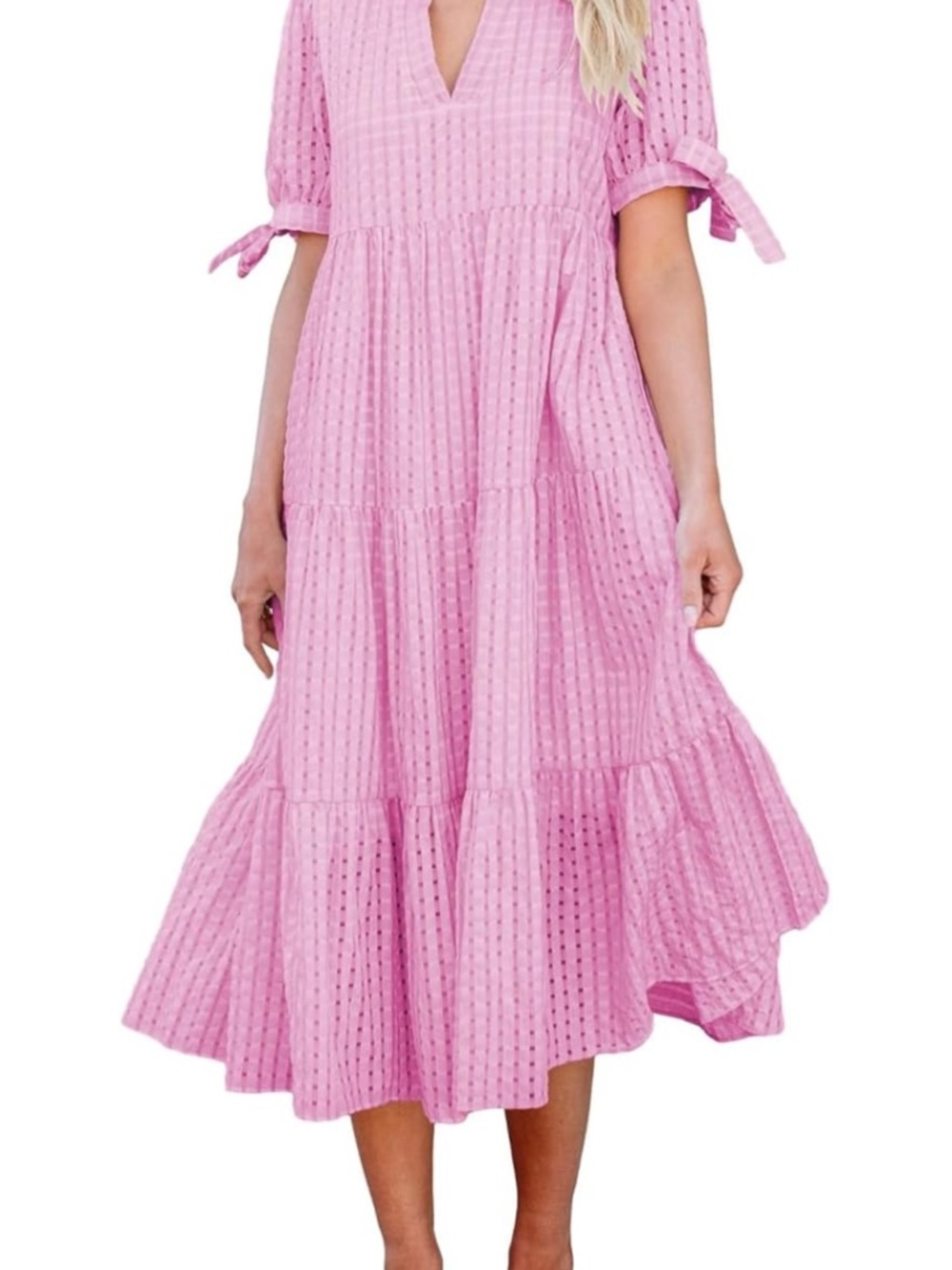 Pink Eyelet Tiered Midi Dress